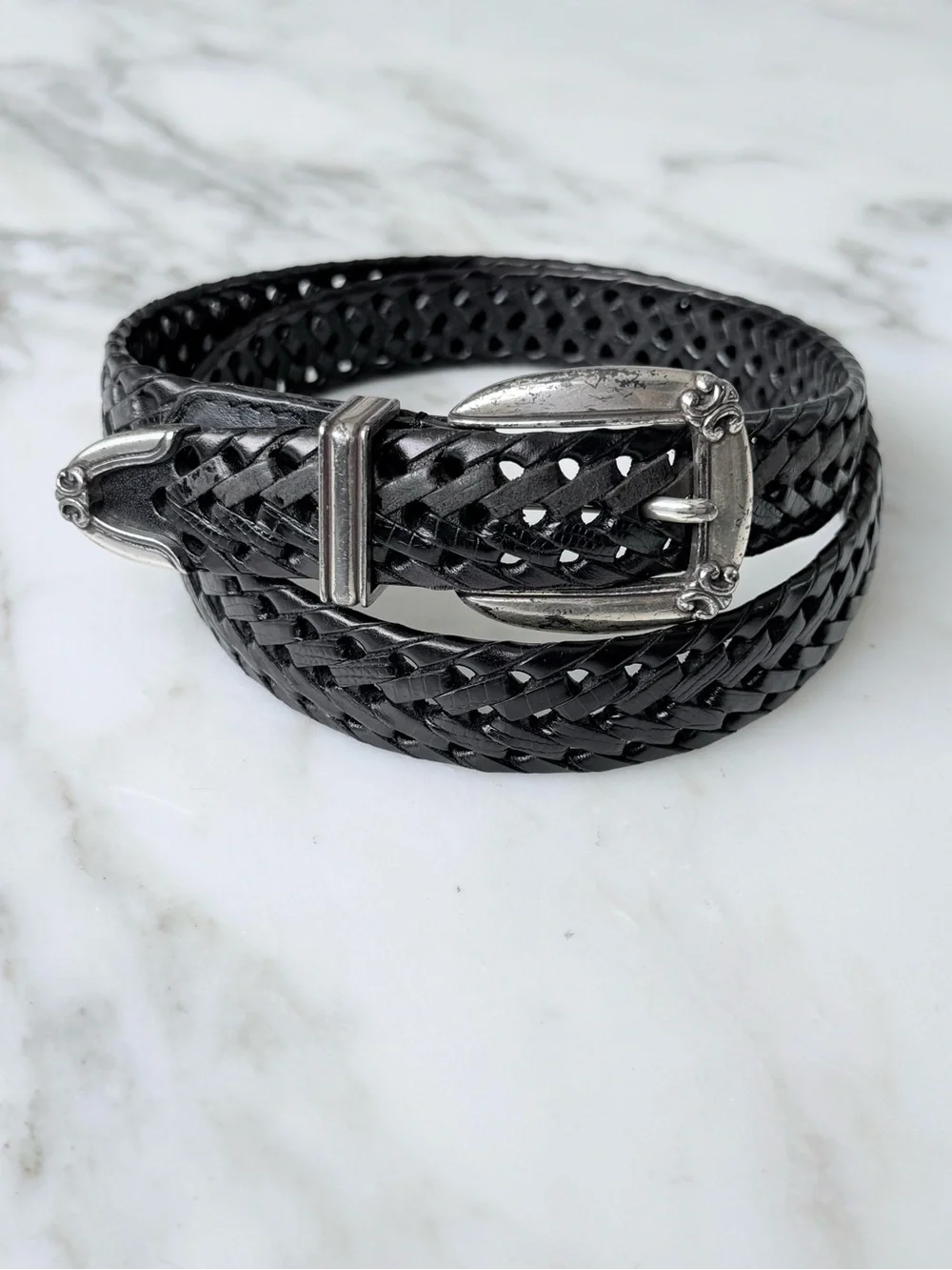 Vintage Fossil Black Leather Braided Belt w/ Silver Accents